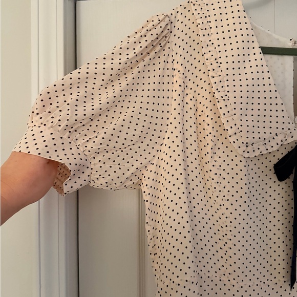 Reformation “Kaylia” Cream Polka Dot Mini Dress with Black Bow - Picture 4 of 7